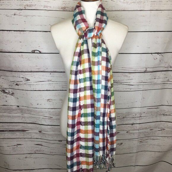 C Womens Multicolored Rainbow Plaid Tassels Scarf Fall K97 - Picture 1 of 2